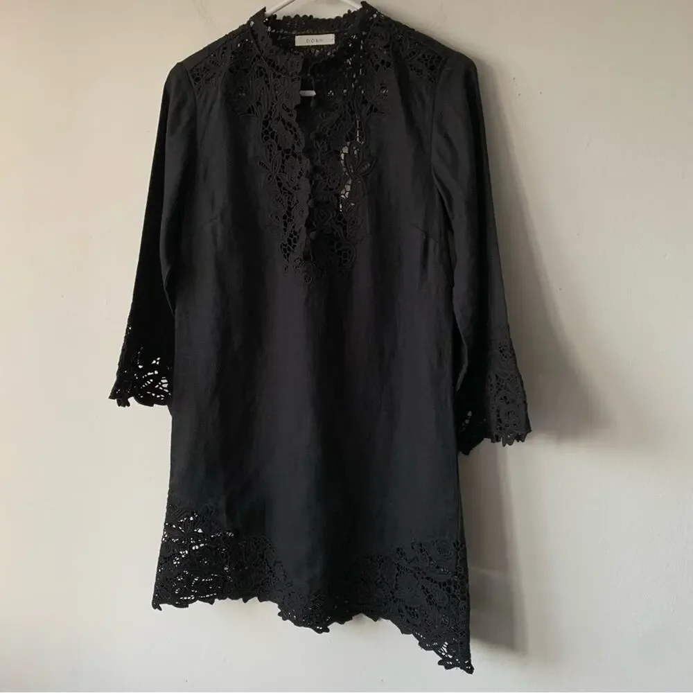 NWT Doen Roselie Linen Lace Crochet Collar 3/4 Sleeve Tunic Mini Dress Black - Picture 8 of 16